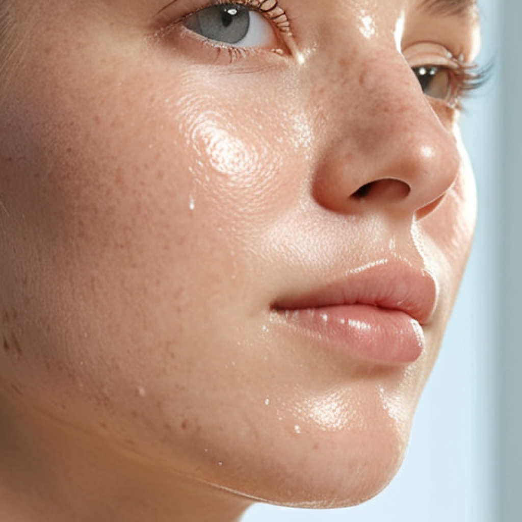 **

Close-up shot of a woman's face with healthy, glowing skin, subtly highlighting the skin barrier. Focus on hydration and smoothness. Soft, natural lighting. Implies the use of probiotic skincare.

**