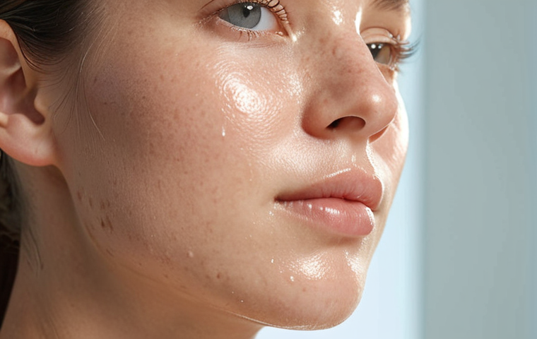 **
Close-up shot of a woman's face with healthy, glowing skin, subtly highlighting the skin barrier. Focus on hydration and smoothness. Soft, natural lighting. Implies the use of probiotic skincare.
**